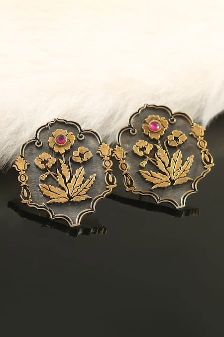 Palace of Silver Gold Plated Mughal Pattern Stud Earrings