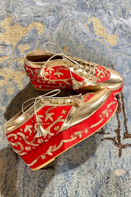 Tiesta Red Embellished Begum Sneaker Wedges