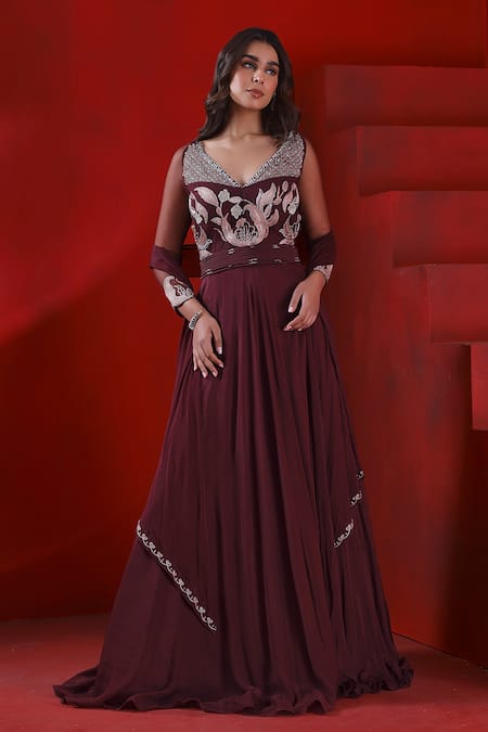 Isha Gupta Tayal Embroidered Yoke Flared Gown With Dupatta 