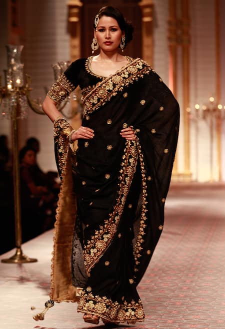 Preeti S Kapoor Black Silk Embroidered Zardozi Scoop Neck Saree With Blouse For Women