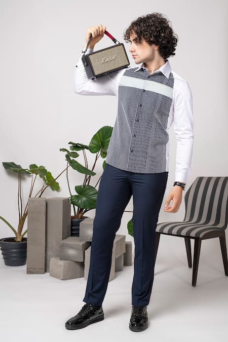 Abkasa White Cotton Clipper Color Blocked Shirt