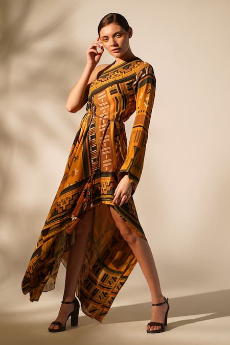 Nikita Mhaisalkar Yellow Georgette Beads Asymmetric Aztec Print Dress 