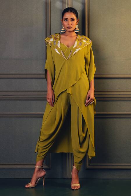 Kaprapan By Anaita Shah Green Wrap Over Kaftan And Dhoti Pant Set