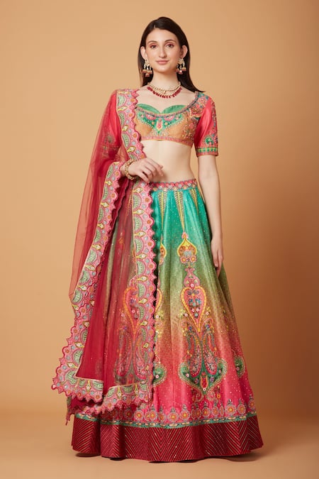 Siddhartha Bansal Green Dupion Embroidered Ombre Effect Paisley Bridal Lehenga Set  