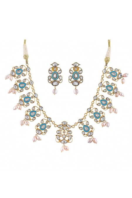 Ajooni Jewels Gold Plated Kundan Devi Enamelled Embellished Necklace Set 