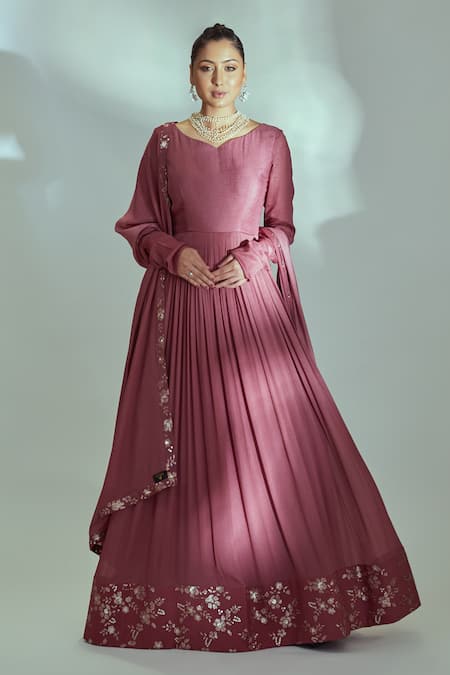 Suruchi Parakh Pink Georgette, Lining Shantoon Sequin Work Leaf Pleated Anarkali With Dupatta 