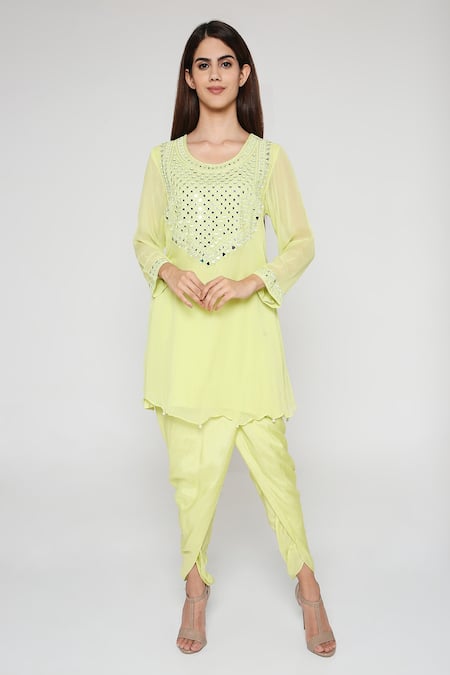 Bha Sha Green Chanderi, Silk Mirrors Round Neck Zeba Embroidered Tunic And Dhoti Pant Set