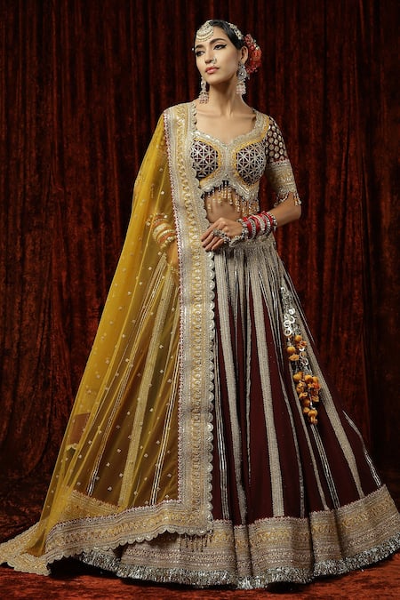 Stunning Bridal Maroon Lehenga with Finesse of Golden Embroidery – TrendOye