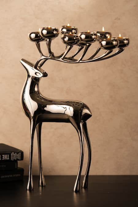 S.G. Home Silver Metal Reindeer Candle Holder 