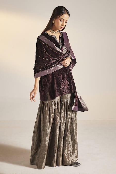 Shorshe Clothing_Purple Kurta Velvet, Sharara Handloom Tissue Saifi Placket Embroidered And Set _Online_at_Aza_Fashions