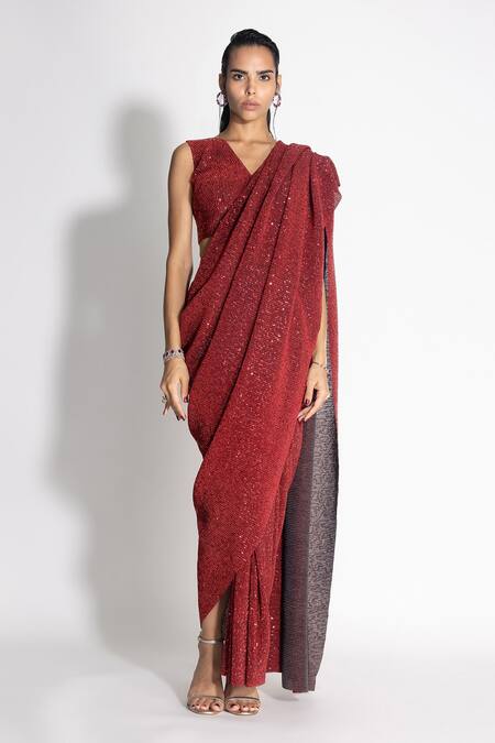 Red Organza Embellished Saree – Shopaholics Choice