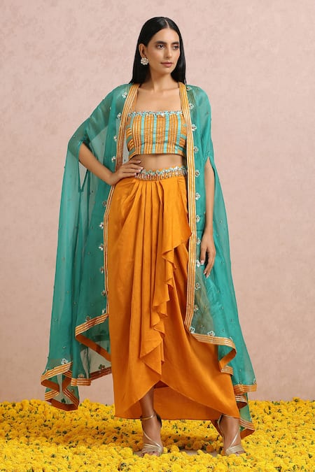 Label Nitika Orange Madras Silk Hand Embroidered Bead Cape Open Draped Skirt Set 