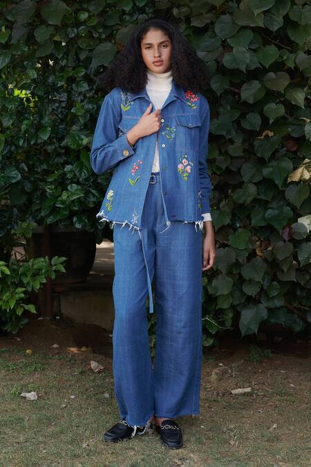 Ode To Odd Blue Hand Embroidered Bead Work Collared Neck Denim Handwoven Jacket 