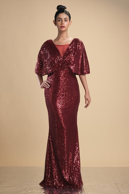 Kommal Sood Cape Sleeve Sequin Embroidered Gown 