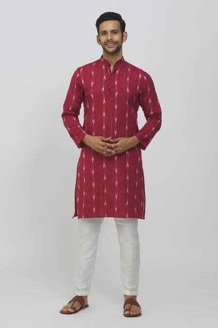 Aryavir Malhotra Red Semi Cotton Linen Printed Geometric Full Sleeve Kurta 