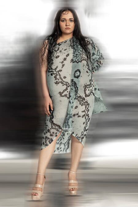 Abhishek Sharma Green Polyester Asymmetric Overlap Reef Print Draped Dress 