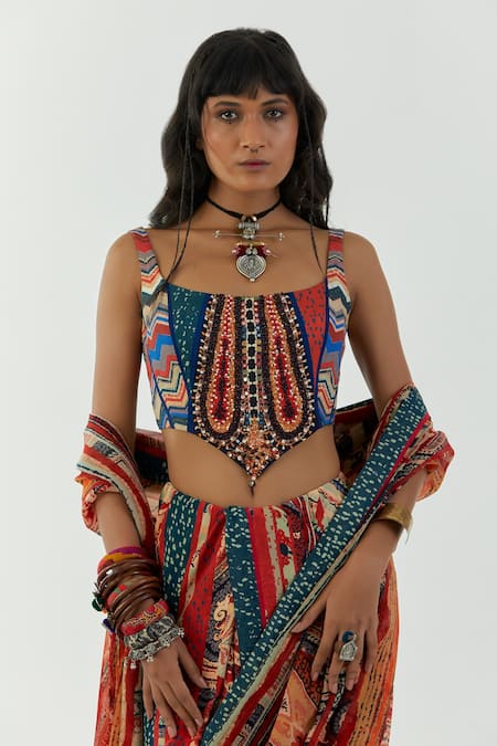 Aseem Kapoor Multi Color Cotton Silk Printed Bead Adah Embroidered Corset Blouse  