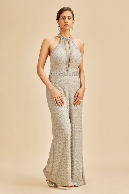Nitika Gujral Grey Georgette Embroidery Resham And Metallic Beads Halter Neck Jumpsuit 