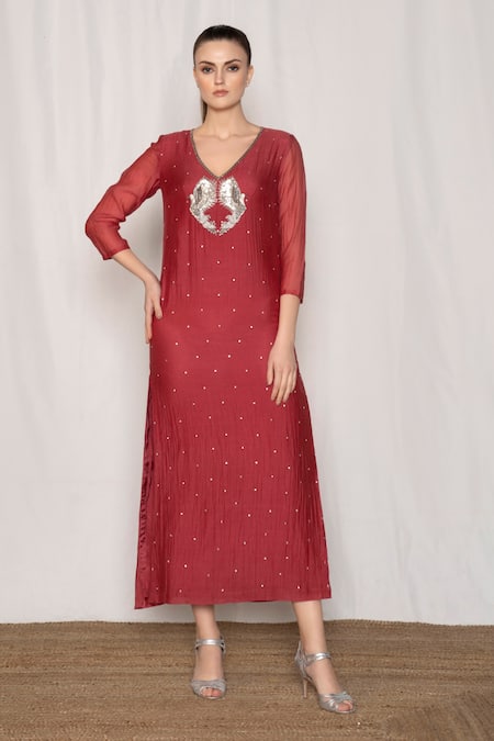Amrta By Guneet Kondal Pink Cotton, Silk, Viscose Beads, Zari V-neck Sequin Embroidered Dress