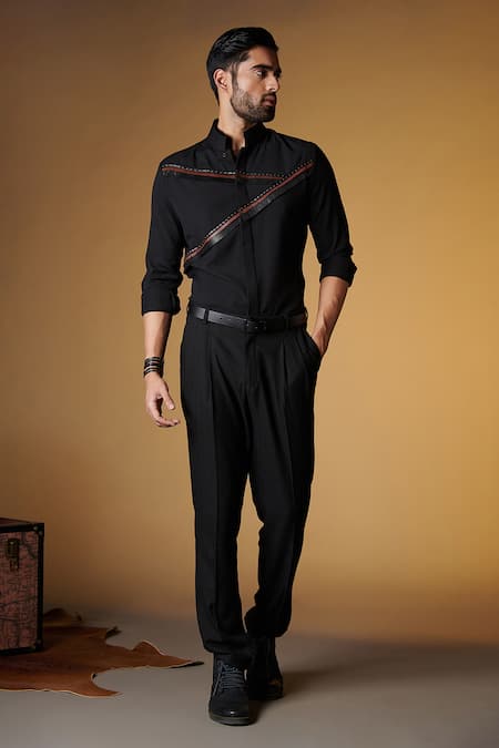 S&N by Shantnu Nikhil Faux Leather Fringes & Rivets Embellished Shirt 