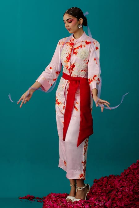 Latha Puttanna Pink Soft Silk Batik Embroidered Rose Mandarin Collar Jumpsuit 