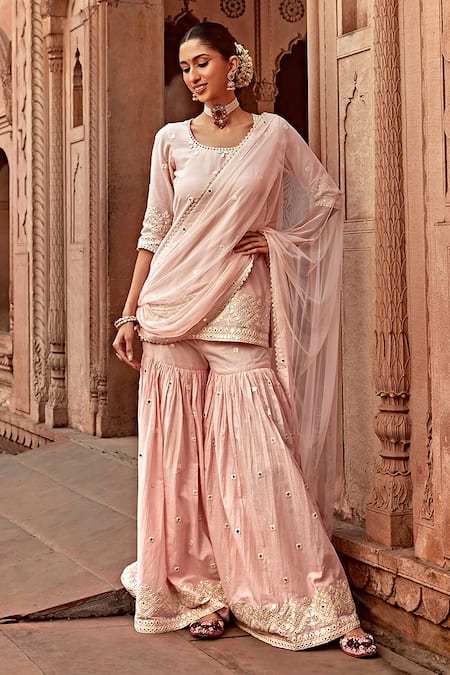 PREEVIN Embroidered Peplum Kurta Sharara Set 