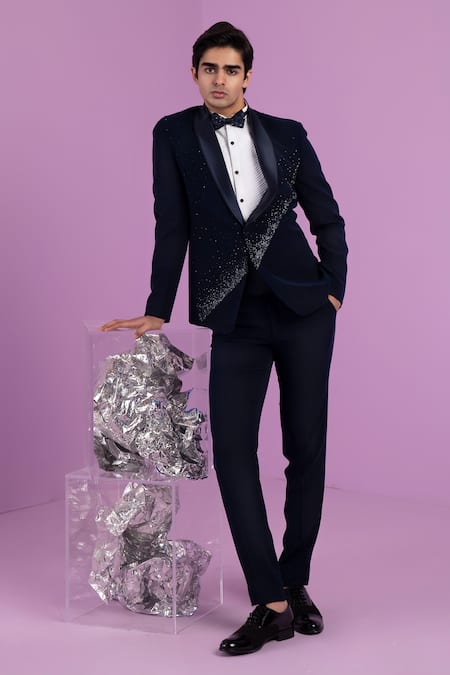 Contrast By Parth Black Crystals Falling Star Embroidered Tuxedo Set 