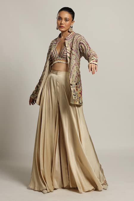 Sejal Kamdar Stripe Embellished Jacket Flared Pant Set 