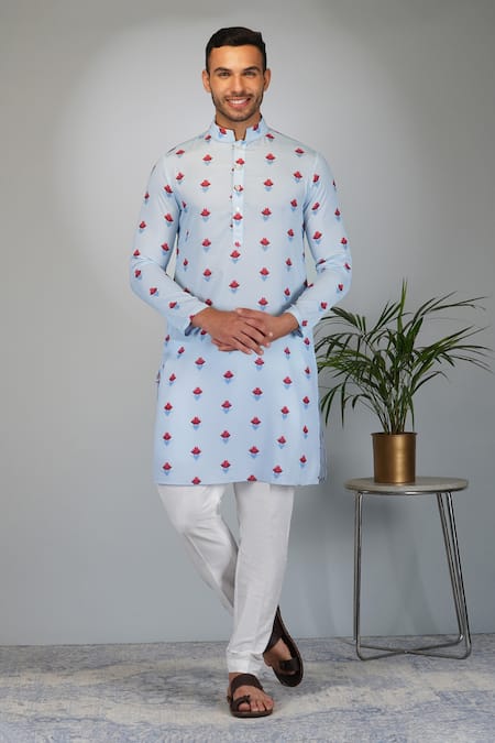 Eleven Brothers Blue Kurta Softy Silk Print Floral Bloom And Pant Set 