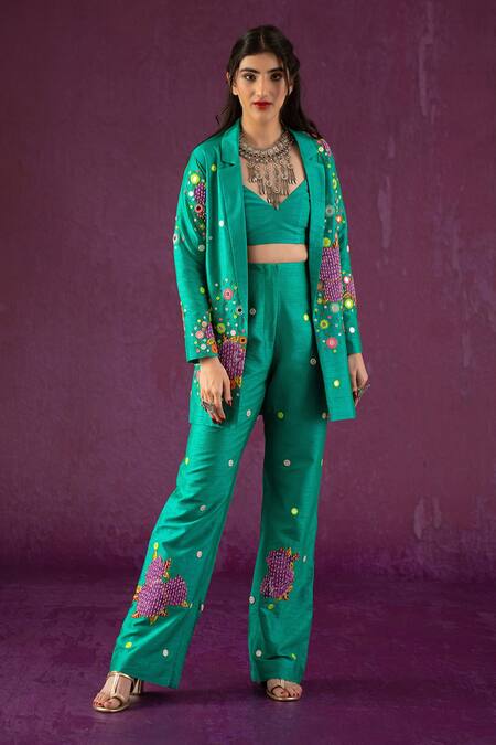 Kacha Tanka Green Dupion Art Silk Floral, Mirror Rose Pattern And Embroidered Blazer Pant Set