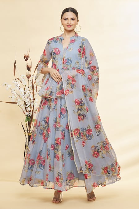 Buy Orange Chiffon Printed Floral Blooming Peplum Top Lehenga Set For Women  by Samyukta Singhania Online at Aza Fashions.