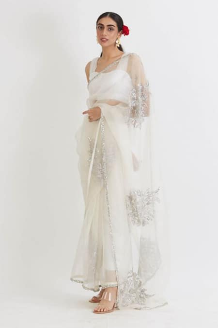 Shop_Peeli Dori_Ivory Saree  Silk Organza Embroidered Floral V Neck Set _at_Aza_Fashions