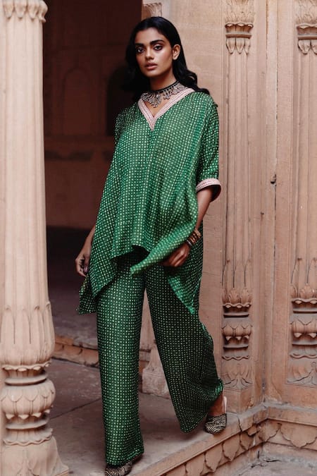 Avacara Green Silk, Cotton Embroidery V-neck Hand Block Print Kaftan With Pant 