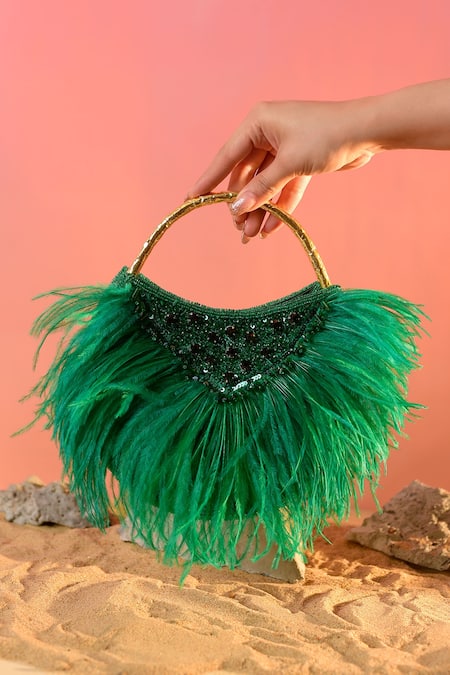 Be Chic Green Embellished Fiery Half Crescent Shaped Clutch 