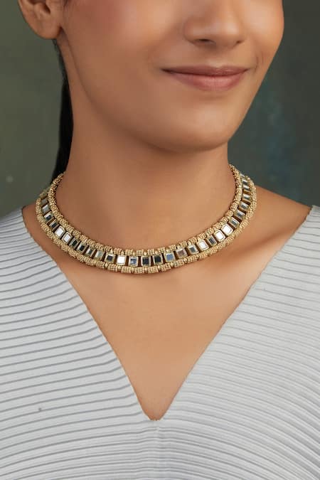 House Of Tuhina Gold Plated Mirror Studded Falak Necklace 