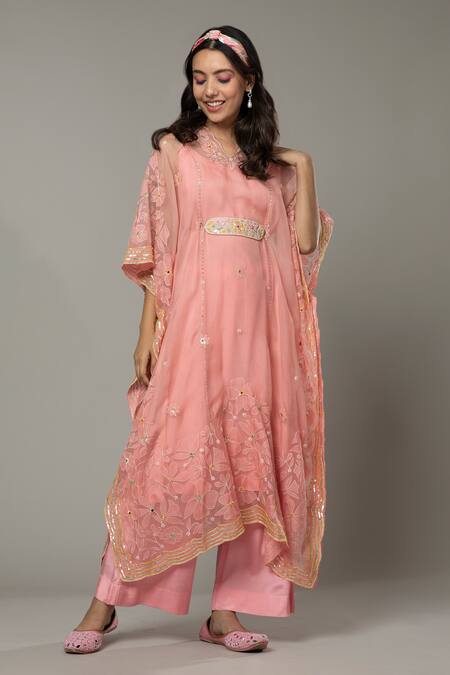 Buy_I Am Design_Pink Silk Organza Floral Appliques, Sequins Candy Floss Kaftan And Pant Set _Online_at_Aza_Fashions
