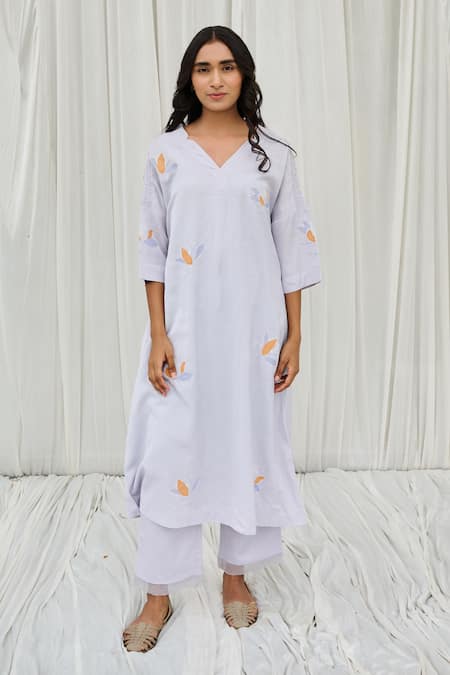 Ayaka Blue Cotton Embroidery V-neck Floral Hand Applique Dress