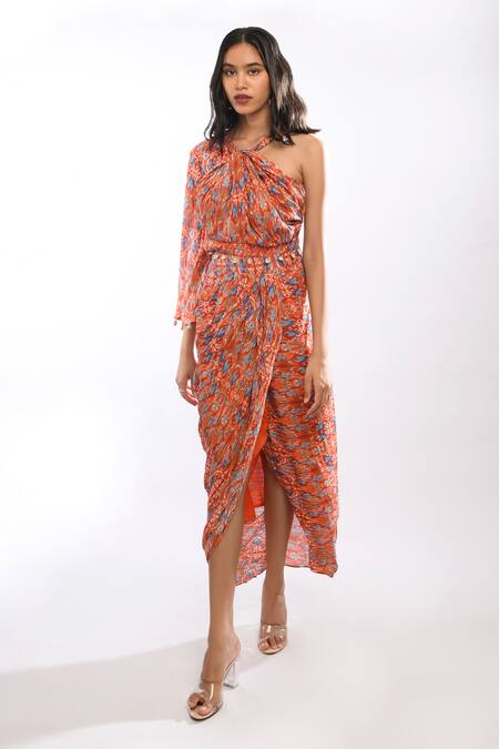 Buy_Itara_Orange Twill Crush Abstract Print Draped Skirt_Online_at_Aza_Fashions
