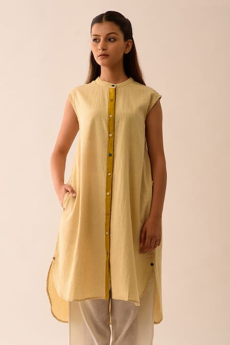 JAYATI GOENKA Beige Upcycled Seersucker Mandarin Collar Asymmetric Kurta