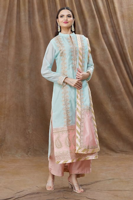 Buy_Aiman_Green Chanderi Gota Patti, Embroidery, Cut Work Colorblock Kurta Palazzo Set_Online_at_Aza_Fashions