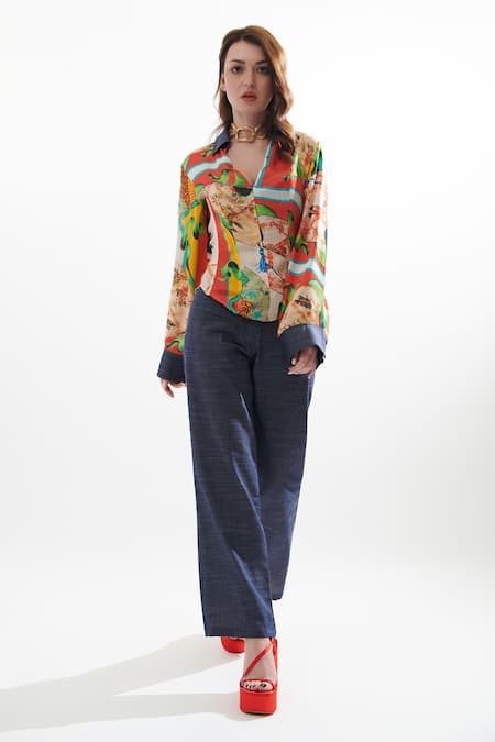 Buy Cin Cin Multi Color Reeba Silk Chinese Print Shirt And Pant Set Online   Aza Fashions