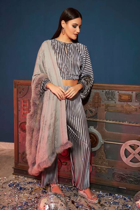 Buy_Tasuvure_Grey Satin Stripe Keyhole Dorttie Dolman Crop Top And Pant Set_Online_at_Aza_Fashions