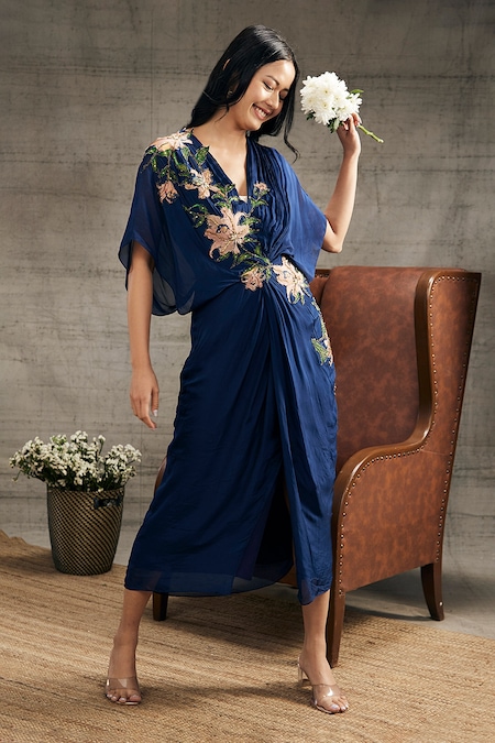 Soup By Sougat Paul Blue Crepe Embroidery V-neck Orchid Bloom Dress 