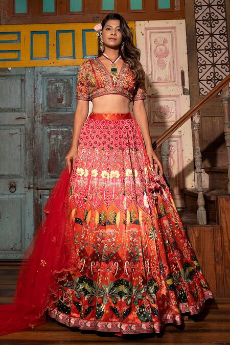 Buy_Vana Ethnics_Orange Net, Viscose Floral, Zardozi V Embroidered Bridal Lehenga Bustier Set _Online_at_Aza_Fashions