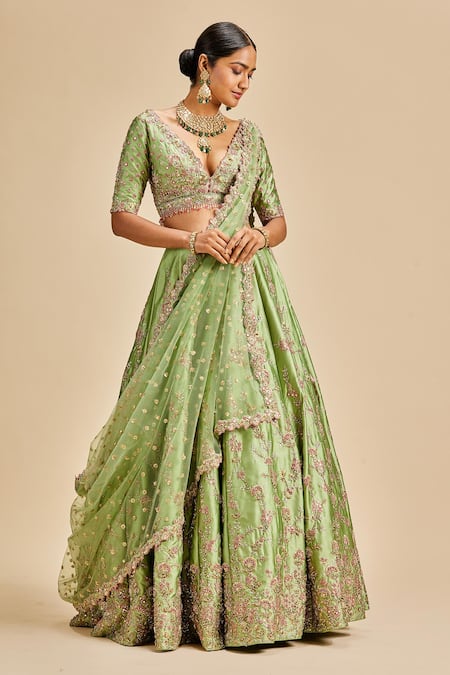 Nitika Gujral Green Lehenga Taffeta Embroidery Resham V Neck Flower Bridal Set 