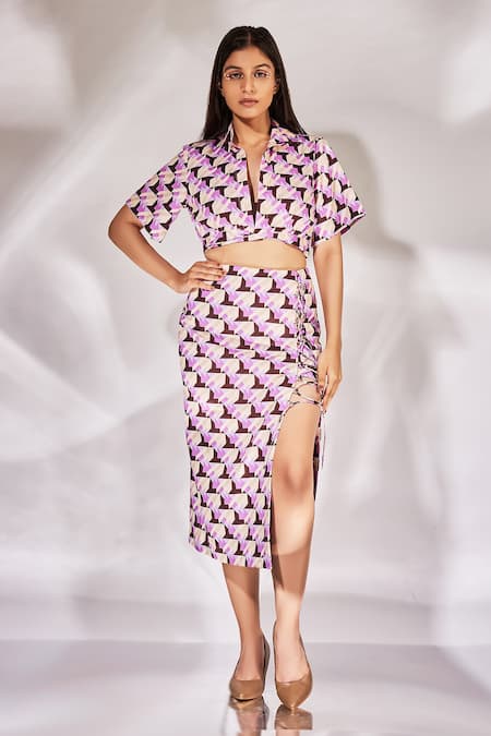 Senren By Eshana Raut Geometric Print Cropped Shirt With Midi Skirt 