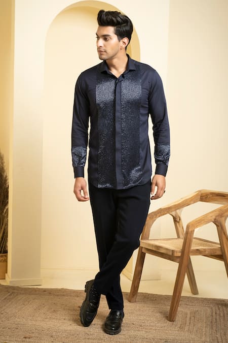 Hilo Design Blue Cotton Satin Embroidered Stripe Pattern Metallic Shirt 