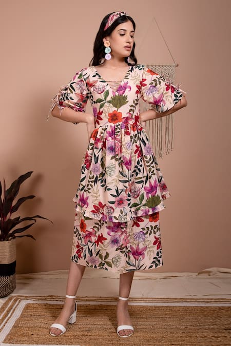 Aroop Shop India Pink Viscose V-neck Lita Petunia Print Dress 