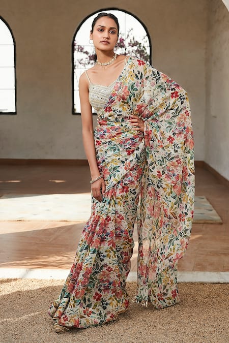 Basanti - Kapde Aur Koffee Multi Color Viscose Organza Printed Botanical Saree With Blouse 