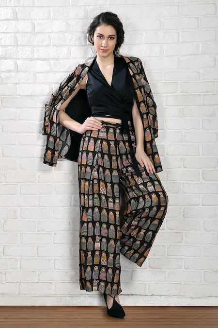 Whimsical By Shica Black Cotton, Silk Open Neck, Babushka Doll Print Jacket Flared Pant Set 